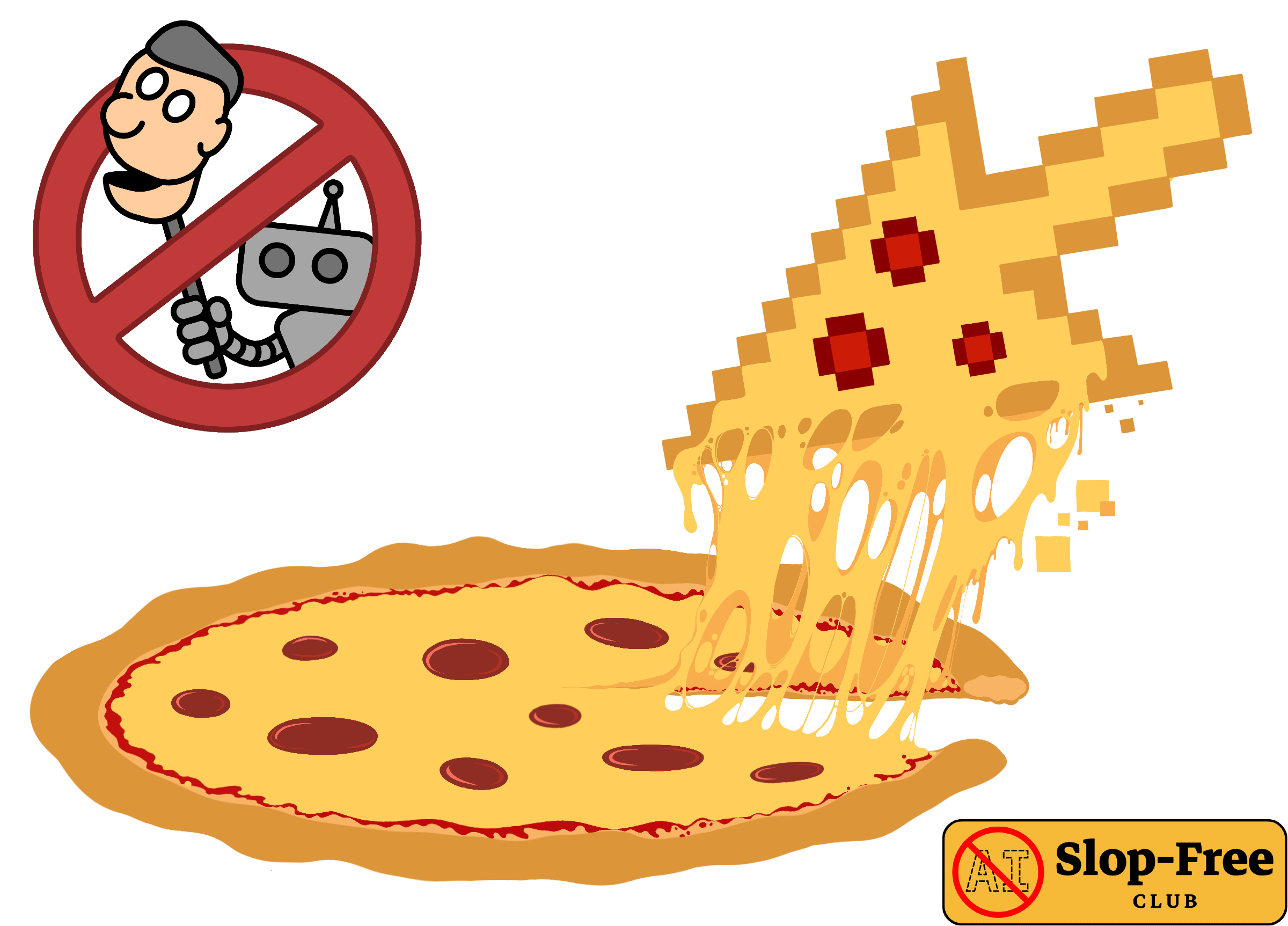 vector of a pepperoni pizza with a pixelated mouse icon lifting as a stringy, cheesy, slice